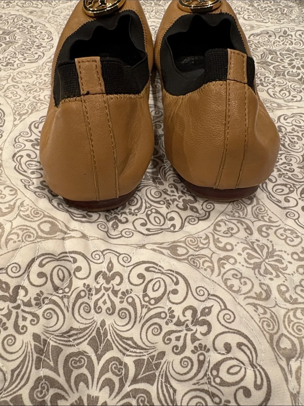 Tory Burch Tan Leather Logo Ballet Flats with Black Trim